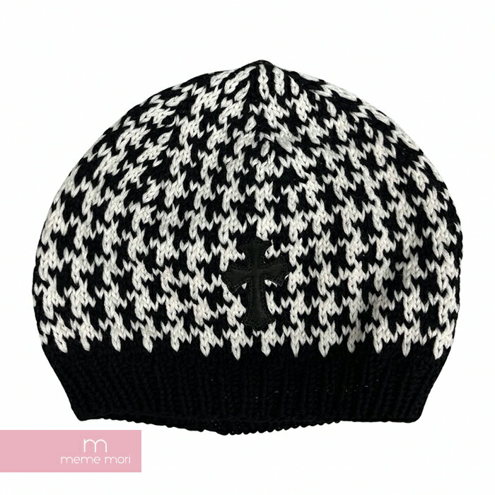 CHROME HEARTS Cashmere Cross Beanie クロムハーツ カシミヤクロスビーニー ニットキャップ ニット帽 レザークロスパッチ クロスボールボタン 千鳥格子柄 シルバー925 ブラック×ホワイト【240224】【新古品】【me04】