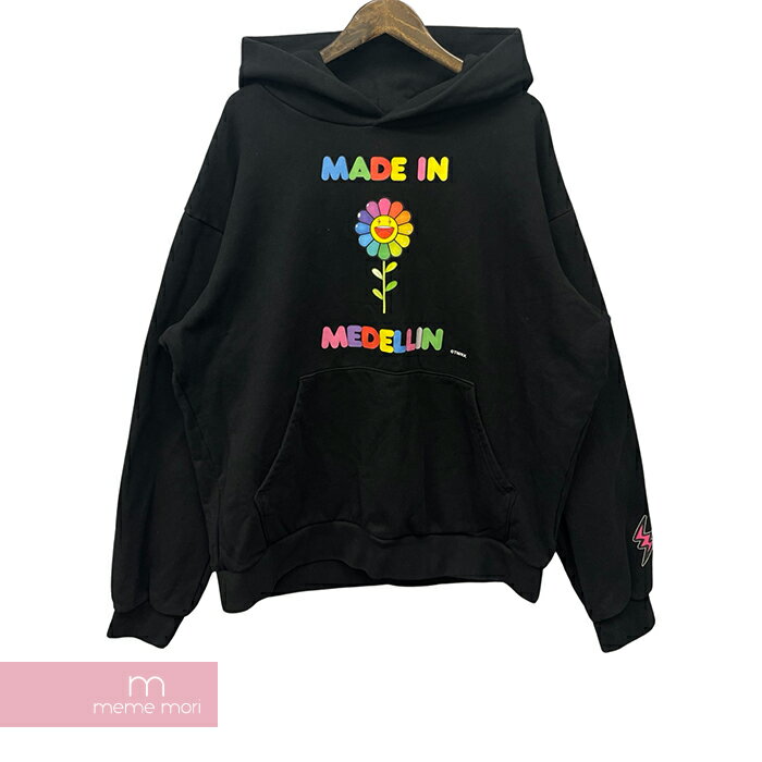 Takashi Murakami×J.BALVIN 2021SS Made in Medellin Sweatshirt Hoodie 村上隆×J.バルヴィン メイドインマデリンスウェットシャツ＆フーディ プルオーバーパーカー フラワーイラストプリント ブラック×レインボー サイズXXL 【240326】【中古-B】【me04】