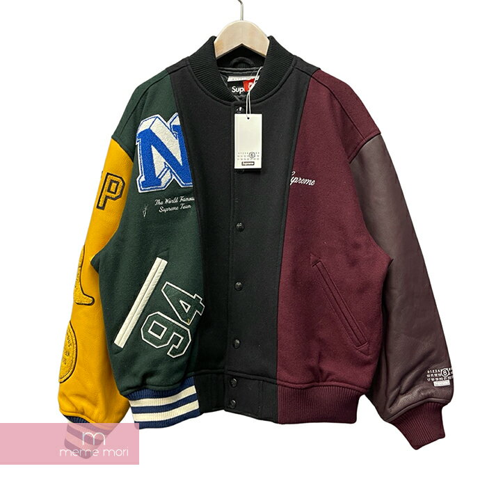 Supreme×MM6 Maison Margiela 2024SS Split Varsity Jacket シュプリーム MM6メゾンマルジェラ スプリット ヴァーシティジャケット ブルゾン レザージャケット 素材切替 刺繍ロゴ パッチ マルチカラーサイズM