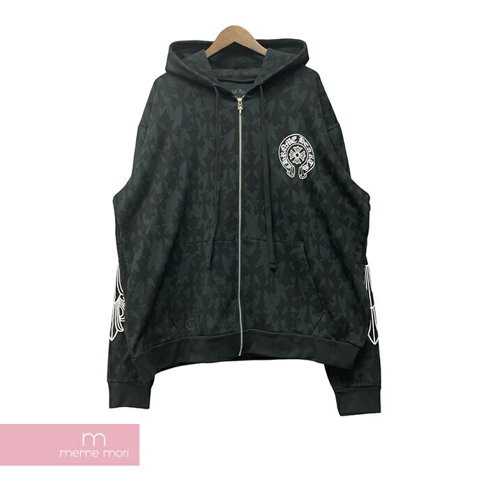 【BIG PRICE OFF】CHROME HEARTS 2024SS Graveyard Cemetery Cross Sweat Zip-Up Hoodie クロムハーツ グレイブヤードセメタリークロススウェットフーディジップアップパーカー 総柄 ロゴ フローラルロゴ ホースシュー ブラック サイズXL【240501】【新古品】【me04】