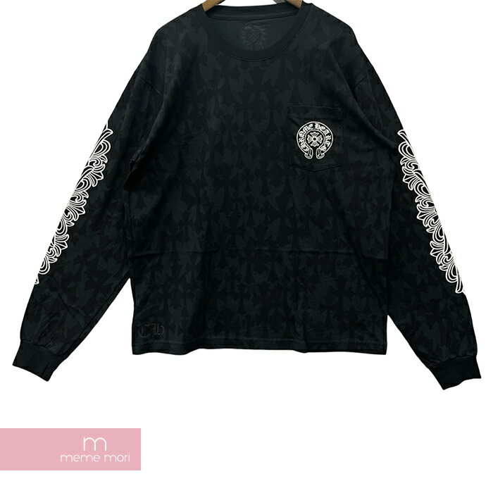 CHROME HEARTS 2024SS Graveyard Cemetery Cross L/S Tee クロムハーツ グレイブヤードセメタリークロスロングスリーブTシャツ 長袖カットソー 総柄 スクロールロゴプリント 胸ポケ ホースシュー ブラック サイズXL【240504】【新古品】【me04】