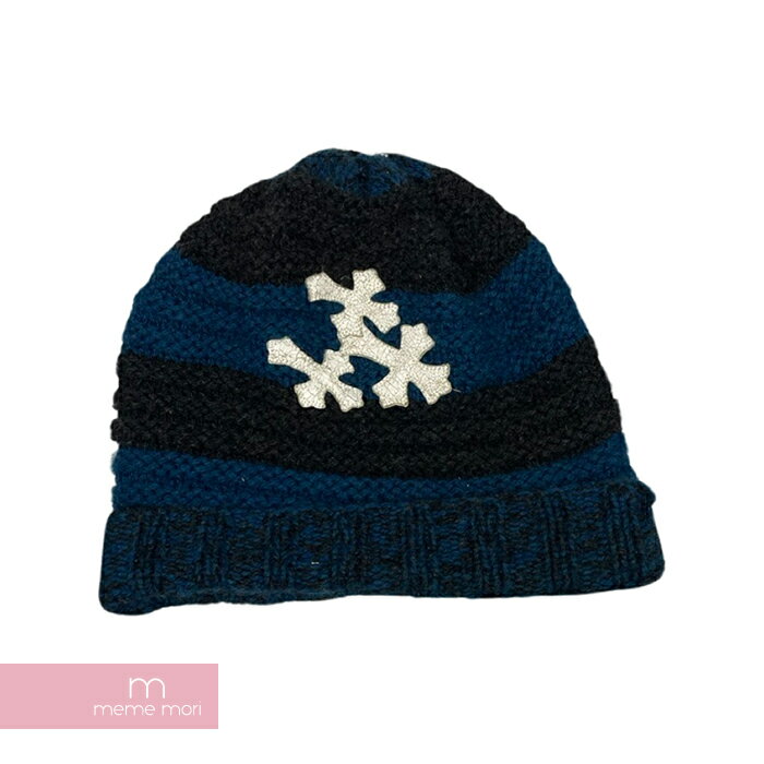 CHROME HEARTS 3CROSS PATCH CASHMERE BEANIE クロムハーツ スリークロスパッチカシミアビーニー ニットキャップ カシミア ニット帽 セメタリーパッチ ボーダー ネイビー 【240116】【中古-B】【me04】