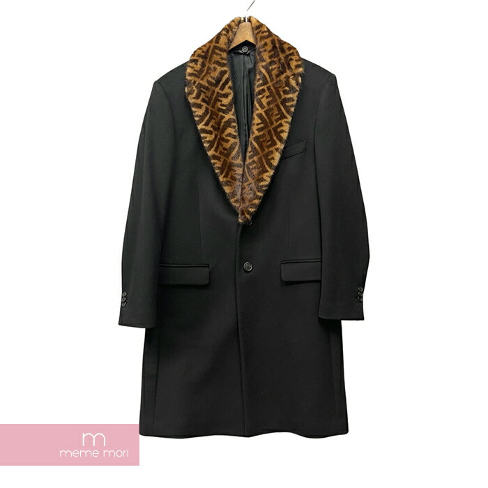 FENDI Cashmere Chester Coat FF0107 A801 フェンディ カシミヤチェスターコート ロングコート ミンクファー ズッカ柄 切替 ブラック×ブラウン サイズ52 【240119】【中古-A】【me04】