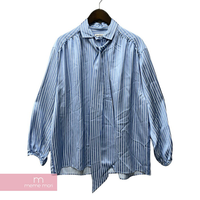 BALENCIAGA 2020SS Striped Blue Scarf Blouse 602014 TGO22 バレンシアガ ストライプドブルースカーフブラウス オーバーサイズシャツ バックロゴ ブルー×ホワイト サイズ34 【240125】【中古-B】【me04】