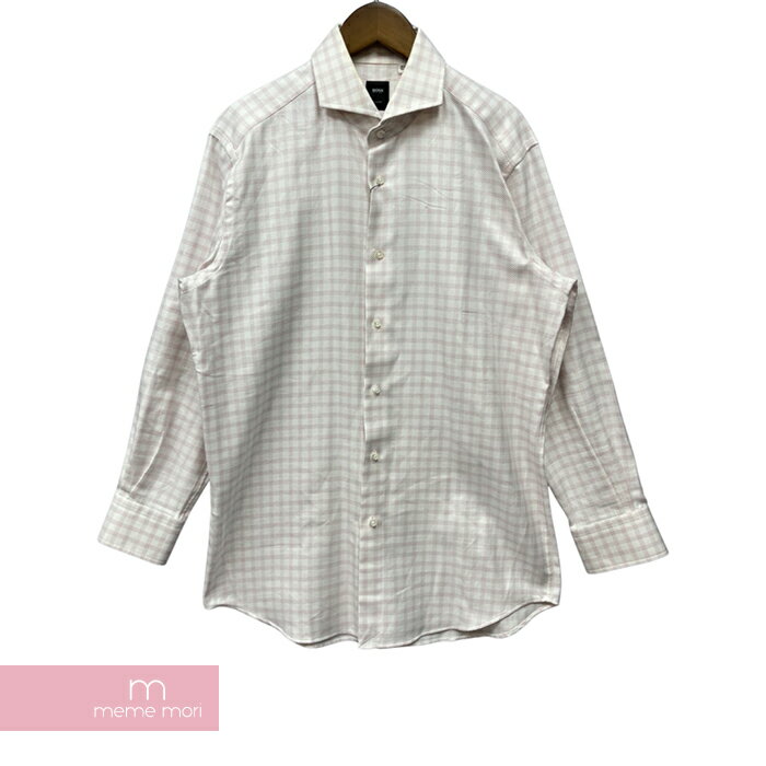 HUGO BOSS Hidden Button Checkered Cotton Long Sleeve Shirts 50433395 ヒューゴボス 隠しボタン チェック柄 コットン長袖シャツ ピンク×ホワイト サイズL 【240216】【中古-A】【me04】