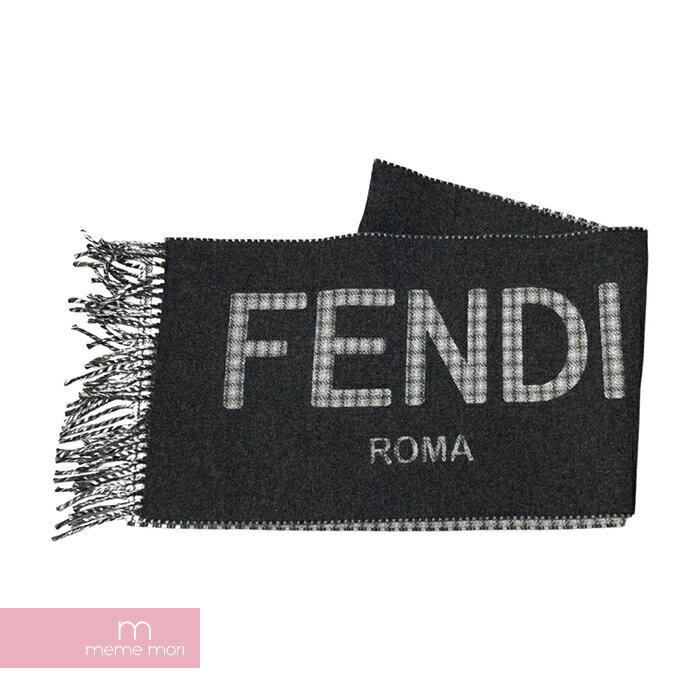 FENDI 2021AW Fendi Scarf FXT334 AHR1 フェンディ フェンディマフラー ストール カシミヤ混 フリンジ ロゴ チェック ダークグレー【230128】【中古-A】【me04】