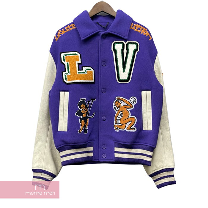 LOUIS VUITTON 2022AW Multi Pached Mix Leather Varsity Blouson 1AAHH3 ルイヴィトン マルチパッチミックスドレザーバーシティブルゾン スタジャン ロゴワッペン 袖レザー切替 パープル×ホワイト サイズ46【230201】【新古品】【me04】