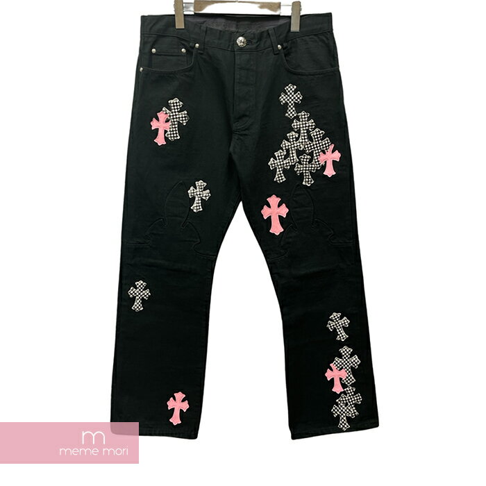 CHROME HEARTS JEAN SL FLEURKNEE クロムハーツ フレアニージーンズ デニムパンツ レザークロスパッチ ハラコ クロスボールボタン ボタンフライ ブラック サイズ36【230317】【中古-A】【me04】