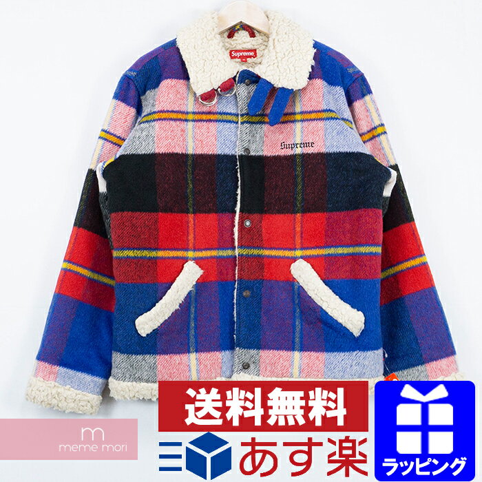 Supreme 2017AW Plaid Shearling Bomber シュプリーム プレイドシアリングボンバージャケット チェック柄ボアブルゾン オールドイングリッシュロゴ刺繍 ブルー×レッド×マルチカラー サイズM プレゼント ギフト【191215】【新古品】【me04】