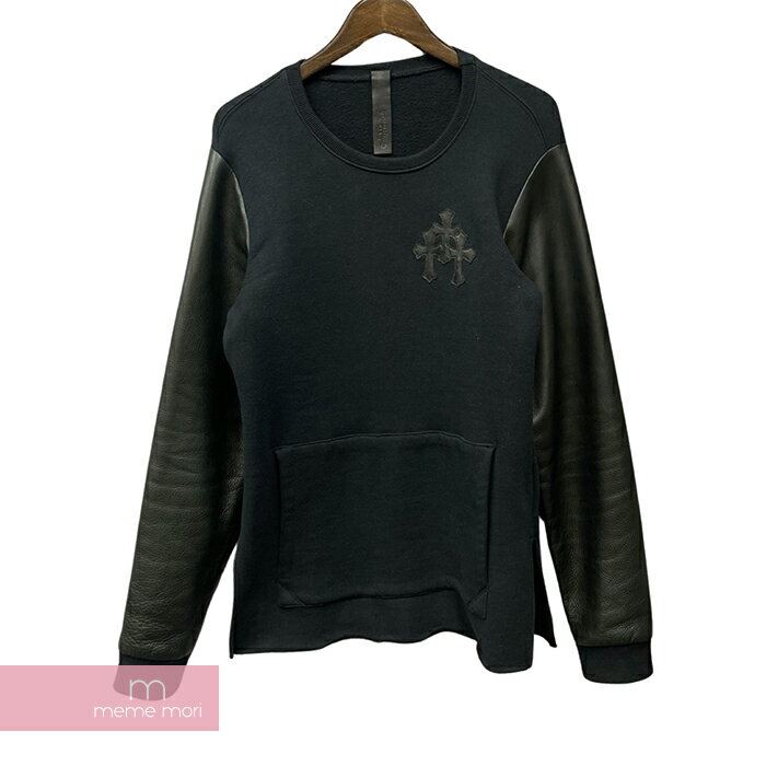 CHROME HEARTS Y NOT Leather Sleeve Crewneck Sweatshirt クロムハーツ ワイノット レザースリーブクルーネックスウェットシャツ トレーナー セメタリークロスパッチ 切替 スリット ブラック サイズM【240416】【中古A】【me04】