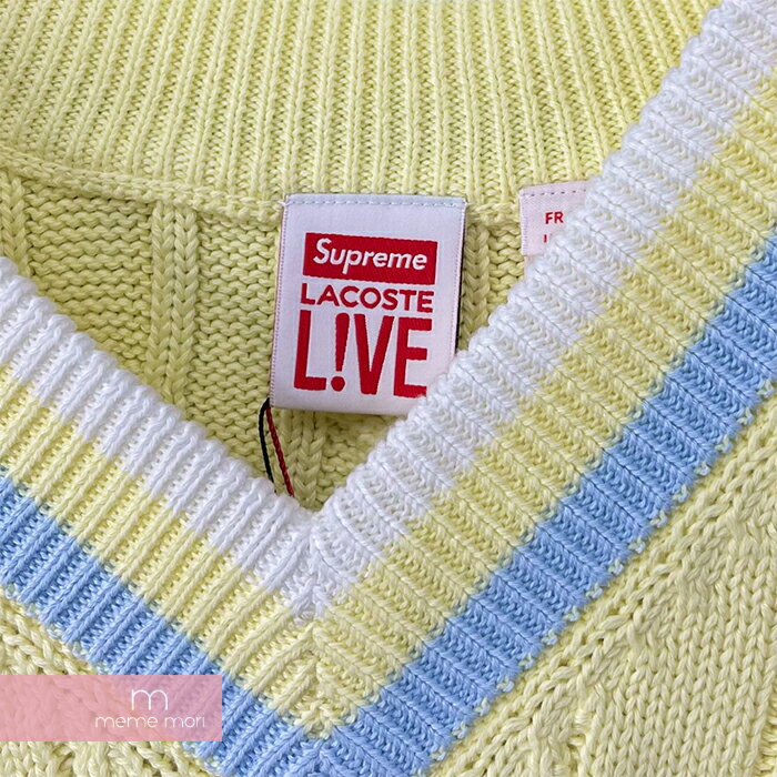 Supreme×LACOSTE L!VE 2017SS Tennis Sweater シュプリーム×ラコステライブ テニスセーター コットンニット Vネック ロゴワッペン ライトイエロー サイズL【211107】【新古品】【me04】