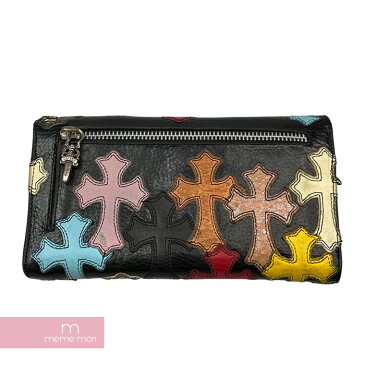 CHROME HEARTS Multi Cross Wave Wallet クロムハーツ マルチクロスウェーブウォレット 二つ折り長財布 クロスボタン クロスパッチ レザー ダガー ブラック×マルチカラー 【220713】【中古-B】【me04】