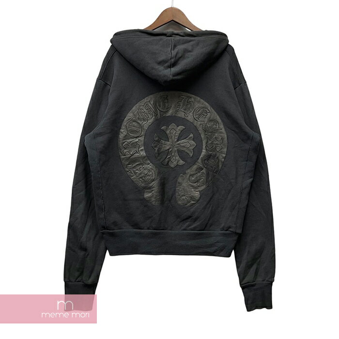 CHROME HEARTS Leather Horseshoe Zip Up Hoodie クロムハーツ レザーホースシュージップアップフーディ パーカー クロスレザーパッチ ダガージップ ブラック サイズM【220918】【中古-C】【me04】