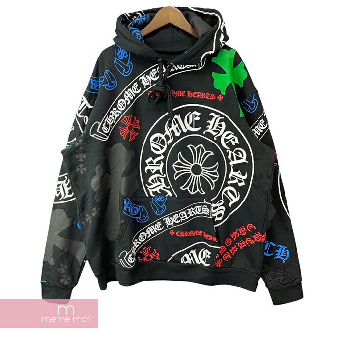 CHROME HEARTS Stencil Hoodie クロムハーツ ステンシルフーディ プルオーバーパーカー 総柄ロゴプリント ブラック×マルチカラー サイズXL【240420】【新古品】【me04】