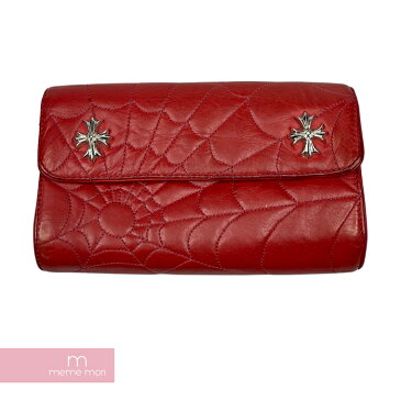 CHROME HEARTS Red Spider Wave Wallet クロムハーツ レッドスパイダーウェーブウォレット クロスボタン 二つ折り長財布 キルティング レザー シルバー レッド【211206】【中古-B】【me04】