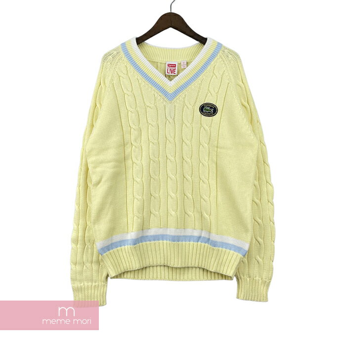 Supreme×LACOSTE L!VE 2017SS Tennis Sweater シュプリーム×ラコステライブ テニスセーター コットンニット Vネック ロゴワッペン ライトイエロー サイズM【211107】【新古品】【me04】