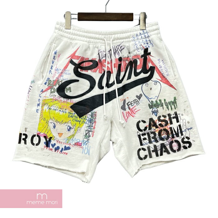 Takashi Murakami×SAINT Mxxxxxx 2021AW Graff Sweat Shorts SM-A21-0000-070 村上隆×セントマイケル グラフスウェットショーツ ショートパンツ ハーフパンツ ヴィンテージ加工 落書き ホワイト サイズM 【211226】【新古品】【me04】のサムネイル