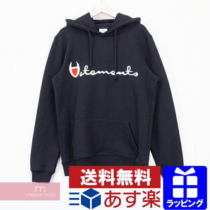 VETEMENTS 2016SS Champion Logo Hoodie MS16TP29 ヴェトモン チャンピオンロゴフーディ モチーフ 刺繍 プルオーバーパーカー ブラック サイズL 【200504】【中古-B】