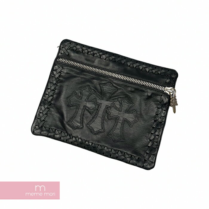 CHROME HEARTS Lace Side Pouch Cemetery Cross Patches クロムハーツ レースサイドポーチ セメタリークロスパッチ レザー ダガージップ ブラック【211127】【中古-B】【me04】