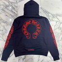 CHROME HEARTS 2025SS Floral Cross Horseshoe Pullover Hoodie Size XXL クロムハーツ フローラルクロス ホースシュー プルオーバーフーディー プルオーバーパーカー スクロールロゴ ネイビー×レッド サイズXXL【250905】【中古-A】