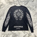CHROME HEARTS NEW YORK Limited Horseshoe Long Sleeve Tee Size M クロムハーツ ニューヨーク限定 ホースシュー ロングスリーブTシャツ 長袖カットソー 胸ポケ 袖ロゴ スクロールロゴ CHプラス ブラック×ホワイト サイズM【250905】【中古-B】