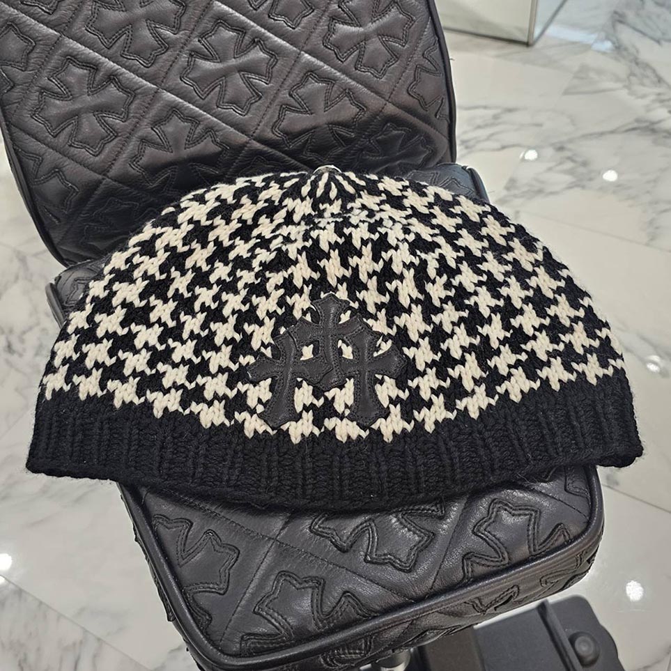 CHROME HEARTS 3 Cross Leather Patch Houndstooth Pattern Cashmere Beanie Size ONE...