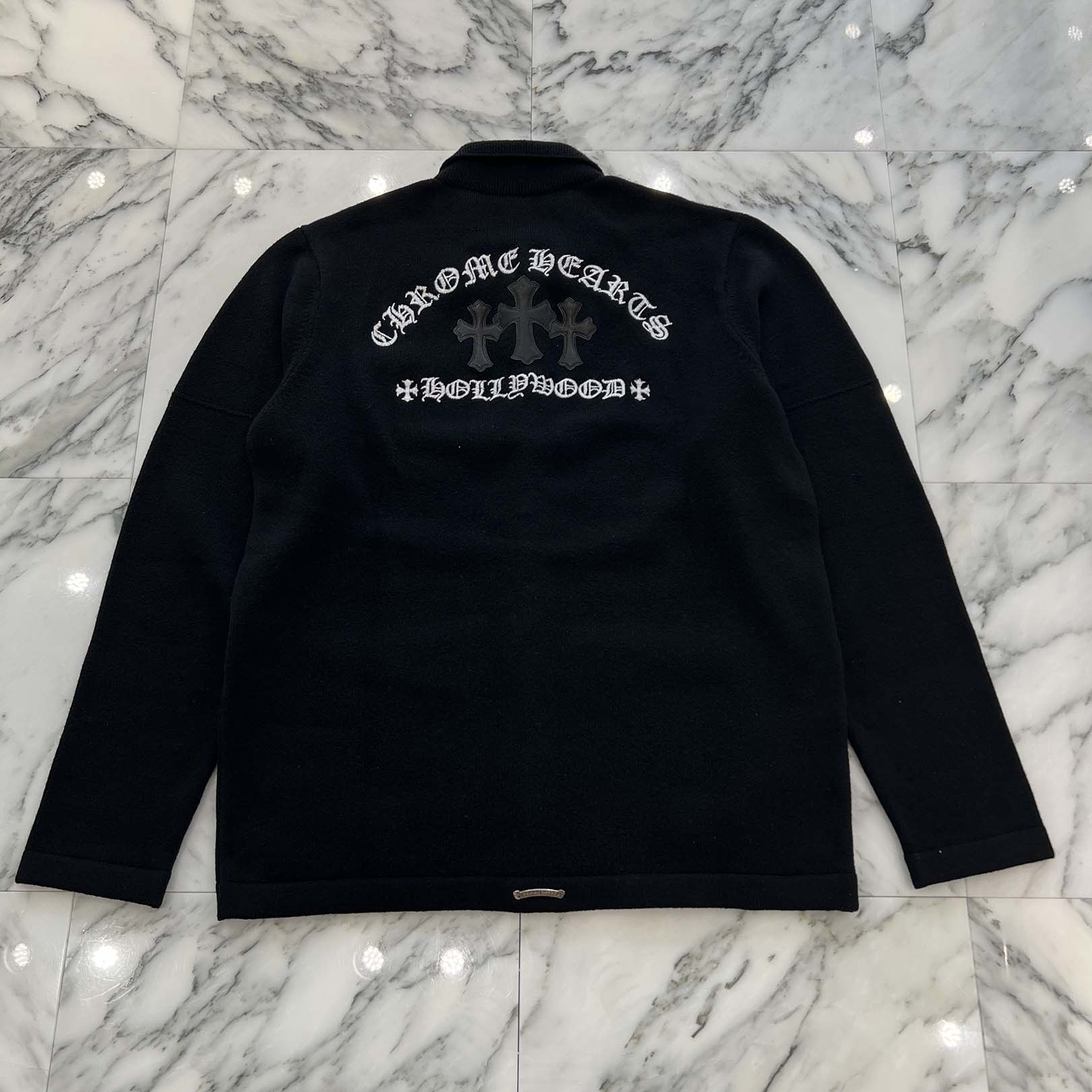 CHROME HEARTS Y NOT King Taco 3 Cemetery Cross Leather Patch Cashmere Knit Cardi...