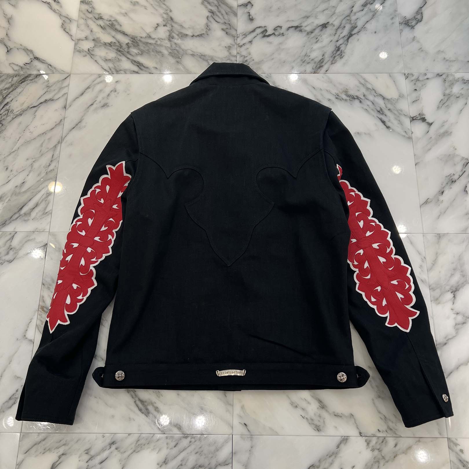 CHROME HEARTS Floral Cross Leather Patch Flare Knee Sleeve Denim Jacket Size M ...