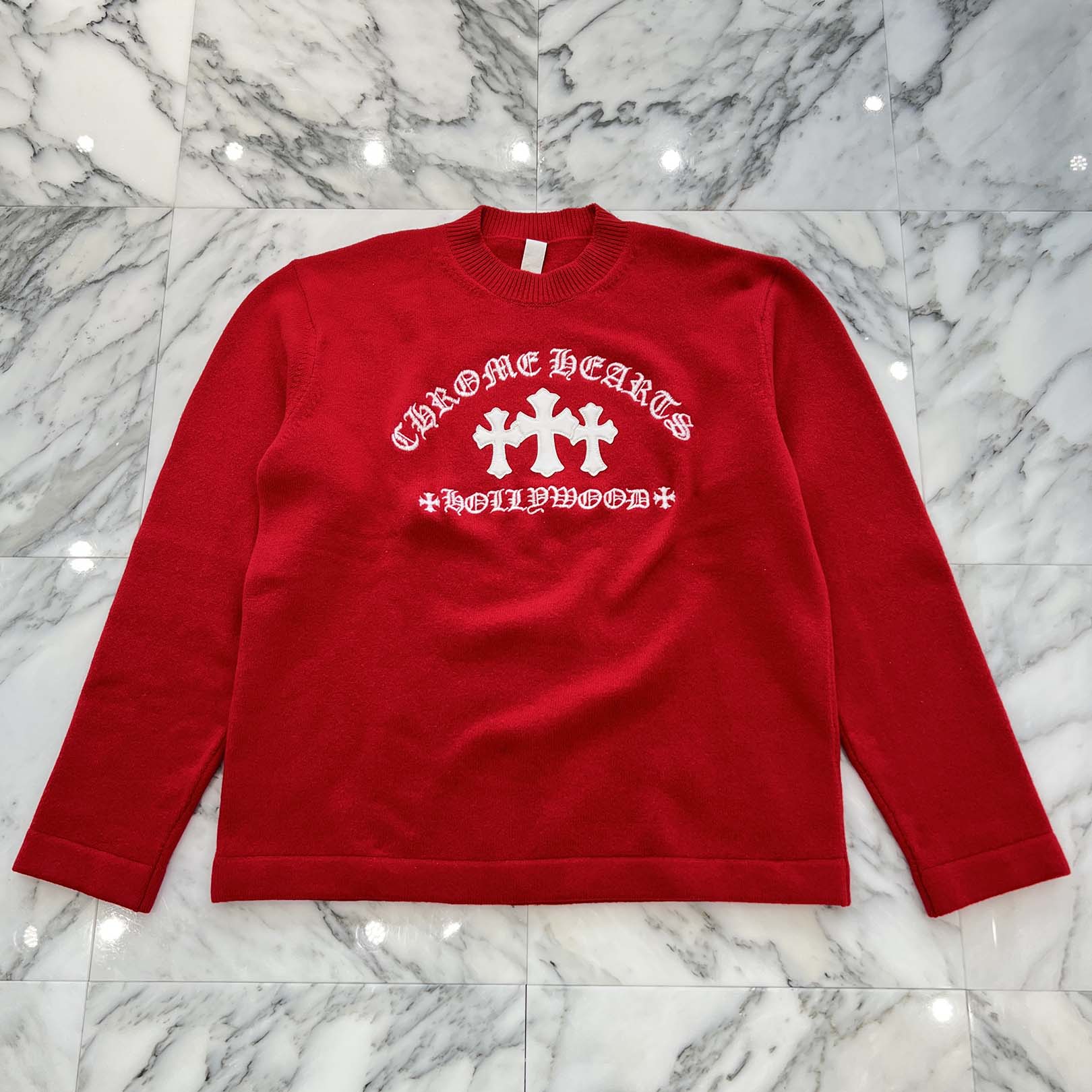 CHROME HEARTS Y NOT King Taco 3 Cemetery Cross Leather Patch Cashmere Knit Sweater Size L クロム..