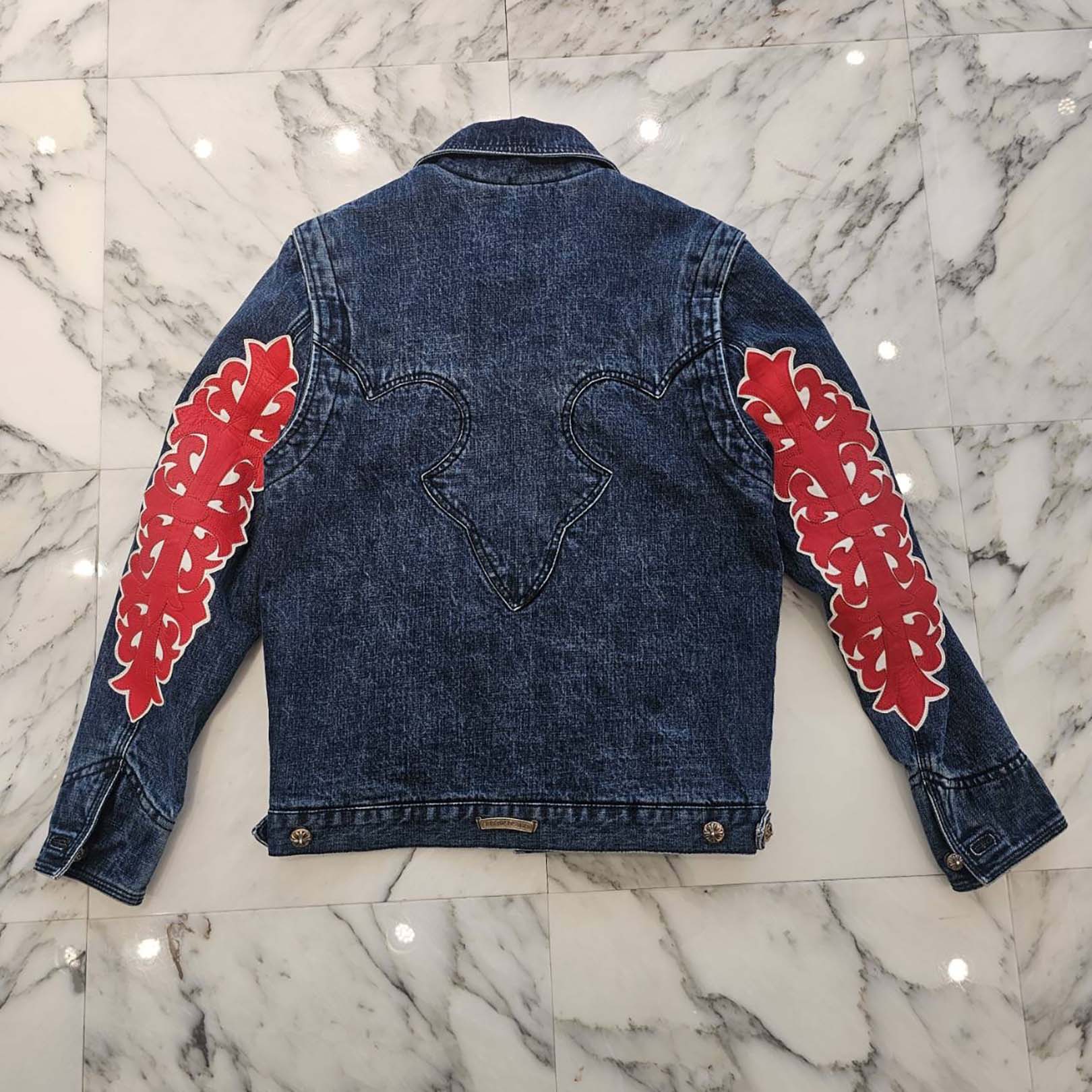 CHROME HEARTS Floral Cross Leather Patch Flare Knee Sleeve Denim Jacket Size XS ...