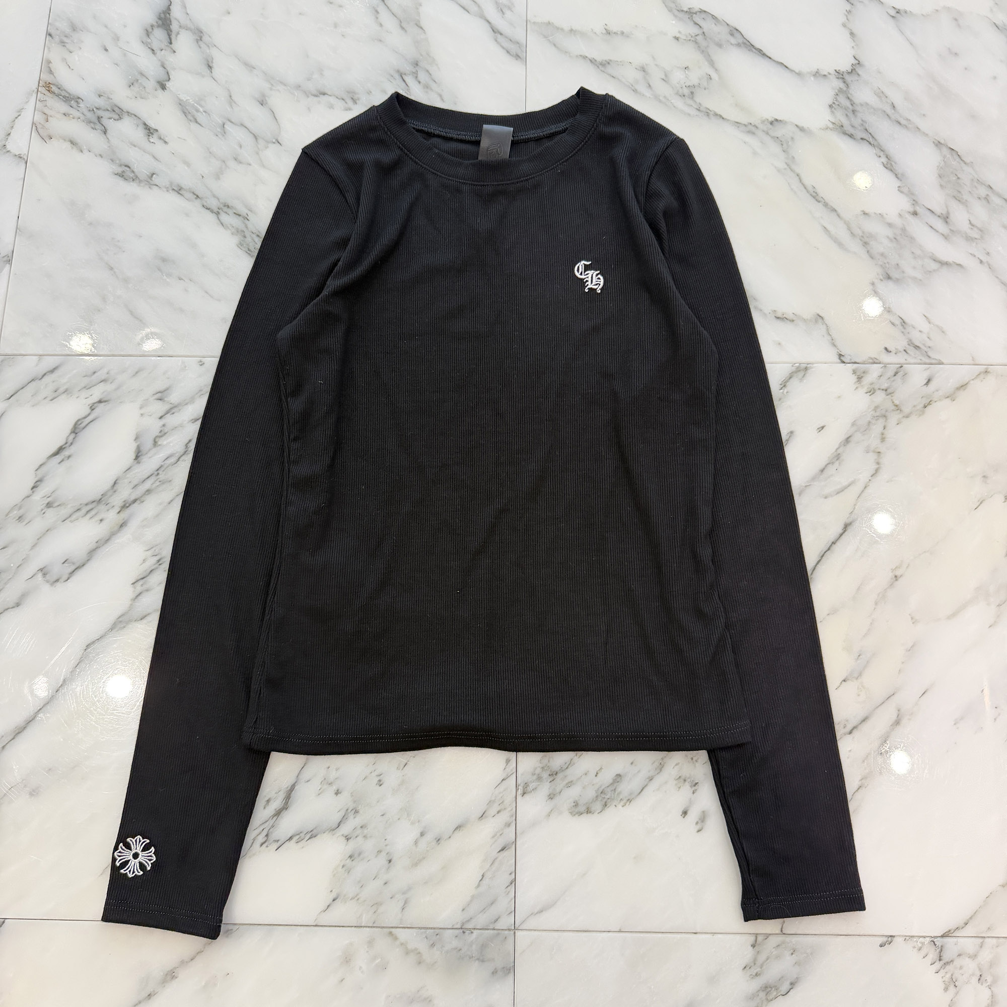 CHROME HEARTS Y NOT CH Plus Embroidery Rayon Long Sleeve Tee Size Size XS クロムハーツ ワイノット CHプラス刺繍 レーヨン ロングスリーブTシャツ&nbsp;長袖カットソー ロンT CHロゴ刺繍 レディースクロム ブラック×ホワイト サイズXS【260729】【新古品】