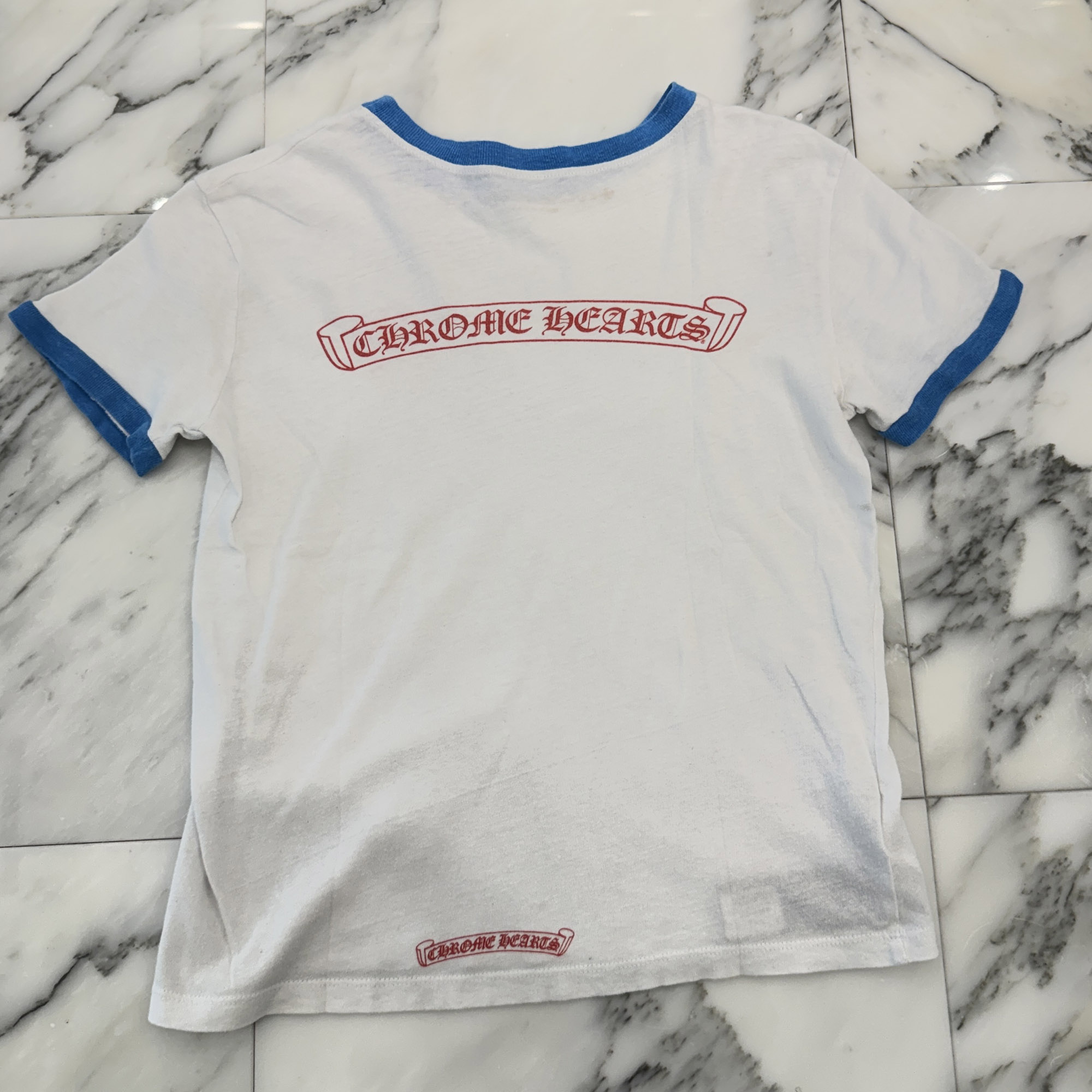 CHROME HEARTS Back Scroll Ringer Tee Size S クロムハーツ バックスクロール リンガー Tシャツ 半袖カットソー ホースシュープリント レディースクロム ホワイト×レッド×ブルー サイズS【260808】【中古-B】