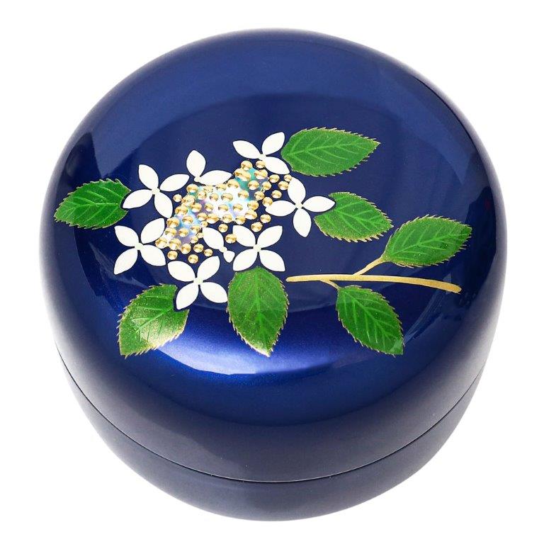 木製分骨ミニ骨壷【こころ・紫陽花（コバルト色）】モダンな現代蒔絵と螺鈿を施し...