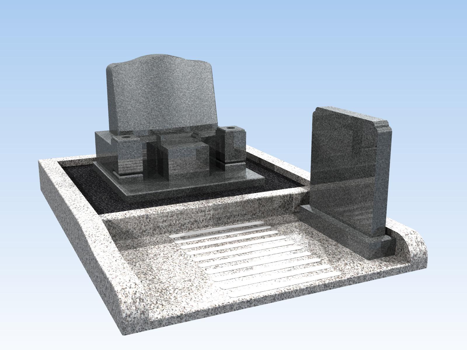 3平米区画 洋型墓石（巻き石・外枠・墓誌付き）スタンダード型 特級グレー御影石 ダークグレー文字彫刻付き 納骨室付き 付属品付き 設置工事費込み