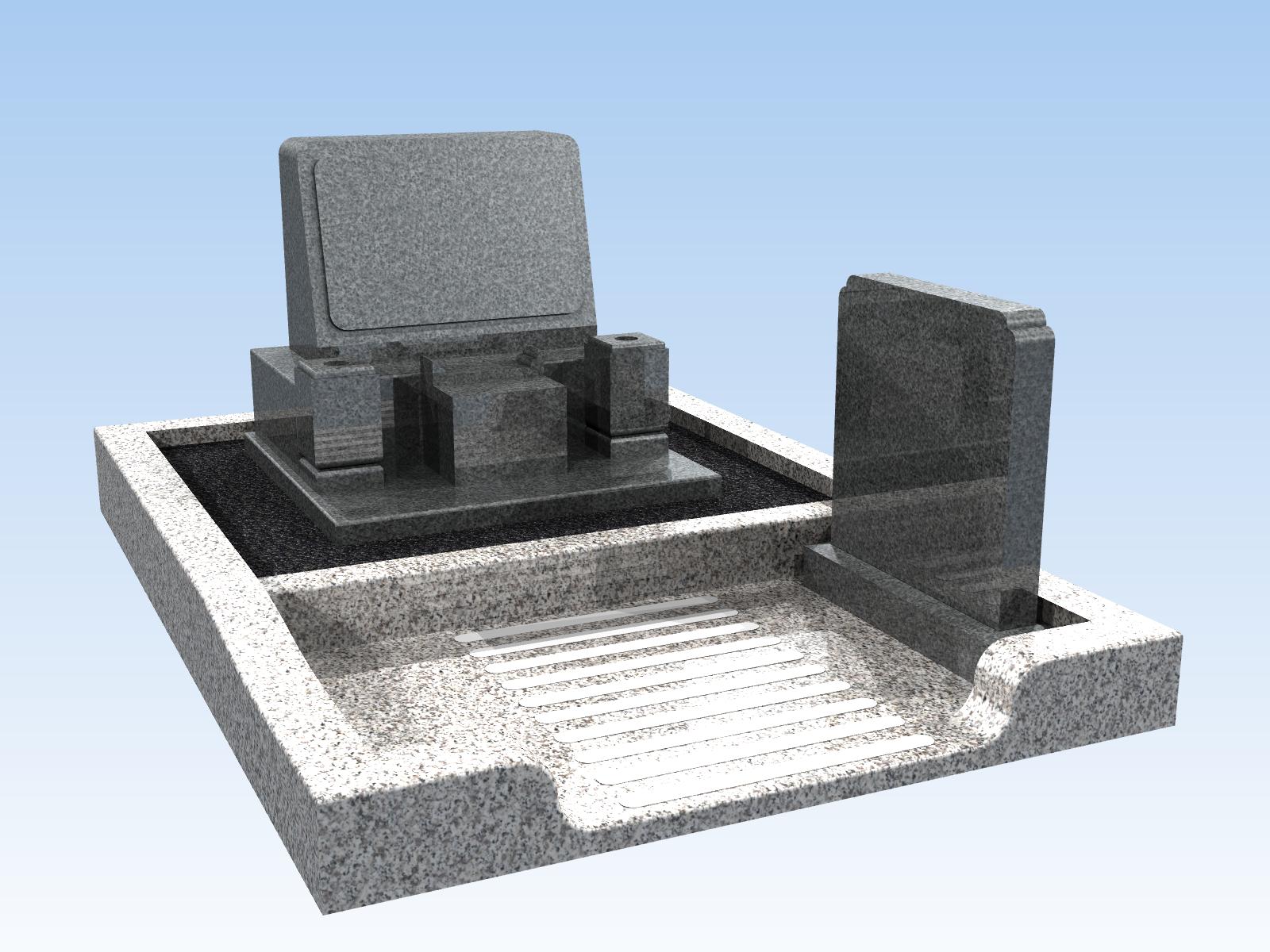 3平米区画 洋型墓石（巻き石・外枠・墓誌付き）ベーシック型 特級グレー御影石 メタルグレー文字彫刻付き 納骨室付き 付属品付き 設置工事費込み