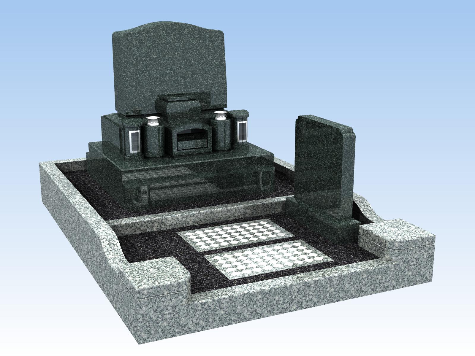 4平米区画 洋型墓石（巻き石・外枠・墓誌付き）特級青御影石 プレミアム型 文字・花彫刻付き 納骨室付き 付属品付き 設置工事費込み