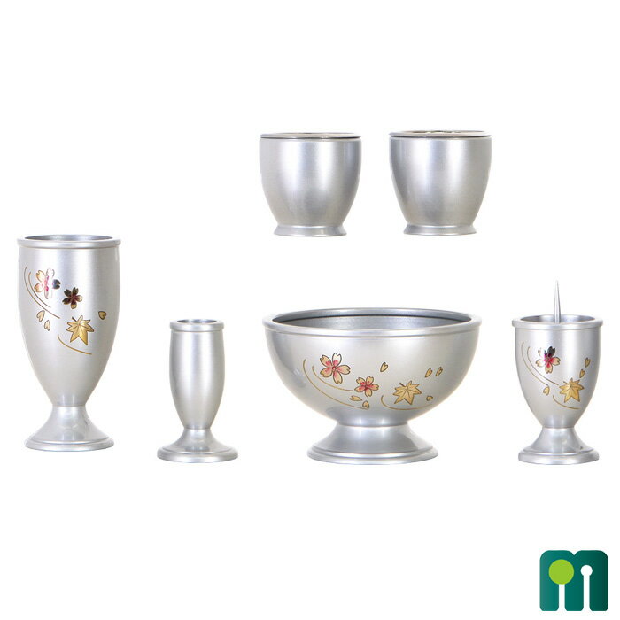 仏具 セット モダン【銅器 三日月 シルバー 彫金 6点セット】3.0寸 3.5寸 花立 火立 香炉 仏器 茶器 線香差し 6具足 仏具セット 銅器仏具 流星 桜彫金 紅葉彫金 かわいい 桜彫入り