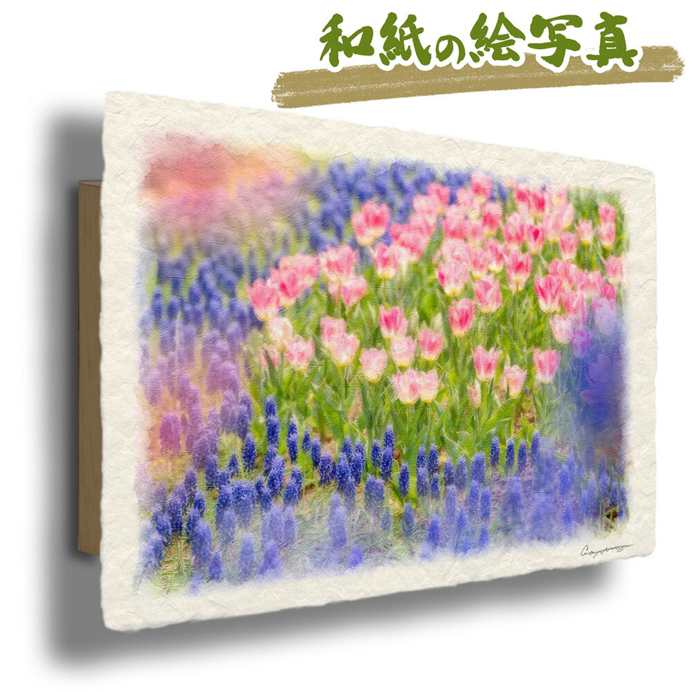 和紙の絵写真 30x21cm アートパネル 花 春 「青いムスカリとピンクのチューリップの花畑」 絵画 壁掛け 玄関 絵 和風 インテリア 雑貨 飾り ポスター ウェルカム ボード インテリアアートパネル おしゃれ モダン 自然 新築祝い プレゼント 友人 ウォールアート 花の絵