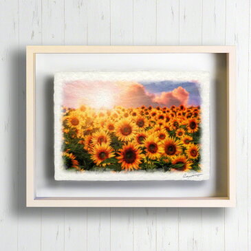 和紙 アート フレーム 黄色 イエロー 花 夏 「ひまわり畑と夕日の入道雲」 63x51cm 風水 玄関 絵 絵画 インテリア おしゃれ 壁掛け 壁飾り アートパネル モダン 風景画 ポスター