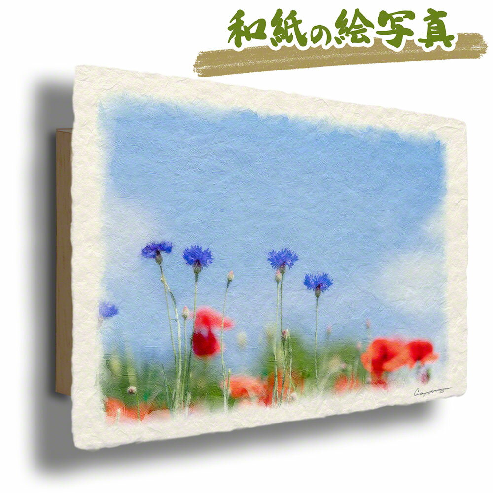 和紙の絵写真 48x33cm アートパネル 花 春 「青空と青いヤグルマギクと赤いポピー」 絵画 壁掛け 玄関 絵 和風 インテリア 雑貨 飾り ポスター ウェルカム ボード インテリアアートパネル おしゃれ モダン 自然 新築祝い プレゼント 友人 ウォールアート 花の絵