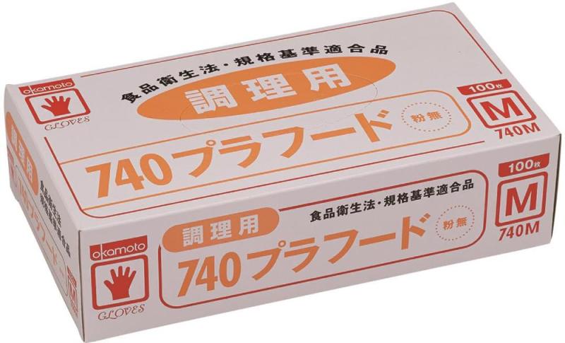 オカモト イージーグローブ プラフード粉無 M 100枚入 740M色：透明サイズ：M厚さ(mm)：0.06全長(cm)：23.0手のひら周り(cm)：19.2●中指長さ(cm)：8.0●粉：なし●食品衛生法：適合食品衛生法適合品●ポリ塩化ビニール（PVC）●