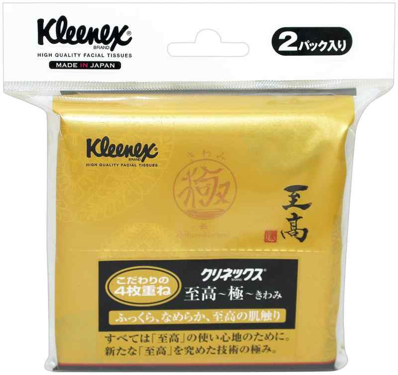 ポケットティッシュ 4枚重ね 48枚(12組) 2個 クリネックス 至高 極(きわみ)原産国:日本内容量:12組2個パック外出先やお土産にも便利な携帯用タイプです。日本の匠である「書」と「家紋」をコラボレーションしたデザインパッケージです。クリネックス「至高」ティシューシリーズのさらに上を行く高品質なティシューです。厳選ブランドパルプの黄金比率と、50年のノウハウ集結によるしなやかさとボリューム感を達成します。薄い紙を4枚重ねて独自の特殊加工を施し、ふっくら・やわらか・表面性の良い肌ざわりを実現しました。