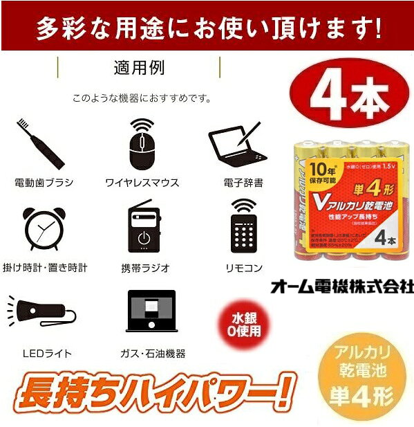 単4形アルカリ乾電池 4本パック オーム(OHM) Vアルカリ乾電池 単四電池 LR03VS4P 08-4127 水銀0使用 長持ち電池 10年保存 防災用電池 memorycard-10000011 メモリーカードの達人 サンプル画像2