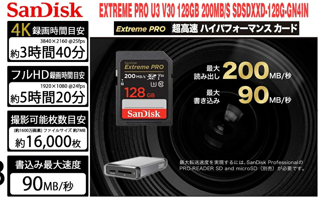 SDXCカード 128GB サンディスク Extreme PRO SDXCカード UHS-I U3 V30 4K対応 R:200MB/s W:90MB/s SDSDXXD-128G-GN4IN SanDisk 3