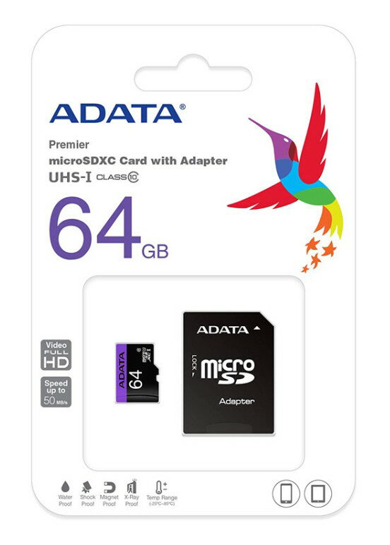 64GB microSDXCカード 64GB ADATA Premier マイクロSDメモリーカード Class10 UHS-I対応 80MB/s フルHD対応カード AUSDX64GUICL10-RA1 SD変換アダプタ付