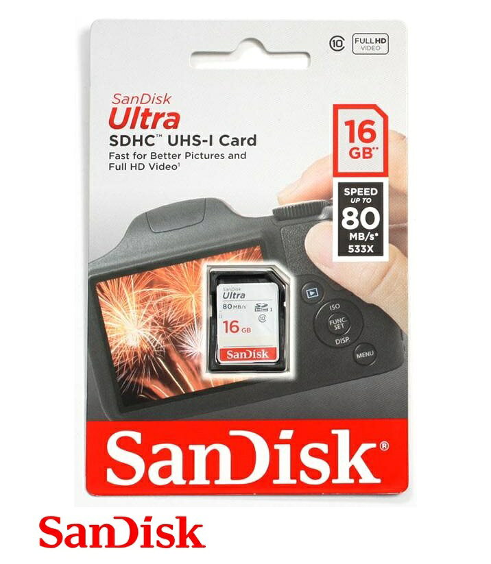 デジタルカメラ、ビデオカメラをはじめさまざまな用途で使われているSDメモリカード。 ●最大80MB/秒の高速転送速度 サンディスク ウルトラ SDHC UHS-Iメモリーカードを使えば、多数の写真やフルHD動画が保存でき、コンピュータにも即座に転送できます。これらのメモリーカードは、コンパクトデジタルカメラやビデオカメラに適しています。最大読取り速度80MB/秒を発揮するため、写真撮影や高速ファイル転送が快適にできます。サンディスク ウルトラ SDHC UHS-Iカードは、防水、極限温度、X線、衝撃耐性特性を備えています。ラベルにカードの内容を記録しておけば、簡単に識別できます。 ●フルHD動画撮影に最適 サンディスク ウルトラ SDHC UHS-Iカードは、フルHD動画 (1080) 録画に適したクラス10スピード規格に対応しています。家族での集まり、スポーツイベント、学校での行事などで、スムーズな動画撮影を楽しめます。 ●耐久性に優れたデザイン、極限の環境下で使える サンディスク ウルトラSDHC UHS-Iカードは、 防水、耐温度、耐X線、耐衝撃特性を備えています。プールサイドで写真撮影したり、あるいは空港にメモリーカードを持ち込む際も、大切なデータが守られ安心です。 ●容量：16B ●インターフェース：SDメモリカード規格準拠　SDHC、UHS-I対応 ●SDスピードクラス：CLASS 10 ●読取り速度：最大80MB/秒 ●スピードクラス：Class10、UHS-I ●カードタイプ：SDHC ●互換性：SDHC、SDXC対応の機器 ●防水、耐温度、耐X線、耐衝撃特性 ●セキュリティ：意図しないデータ損失を防ぐ書き込み保護スイッチ ●用途：さまざまなデジタルフォーマット（高画素の写真、高画質HD**動画、音楽など）の保存 ●電源電圧：2.7～3.6V ●動作環境：温度:-25～85℃ ●外形寸法：24mm x 32mm x 2.1mm ●メーカー名：サンディスク/SanDisk ●ブランド名：ULTRA/ウルトラ ●型番：SDSDUNC-016G-GN6IN ●機器によっては、SDHCカードに対応していない場合があります。詳細はお使いの機器メーカーにお問い合わせください。 ●仕様は改善のため予告無く変更する場合があります。