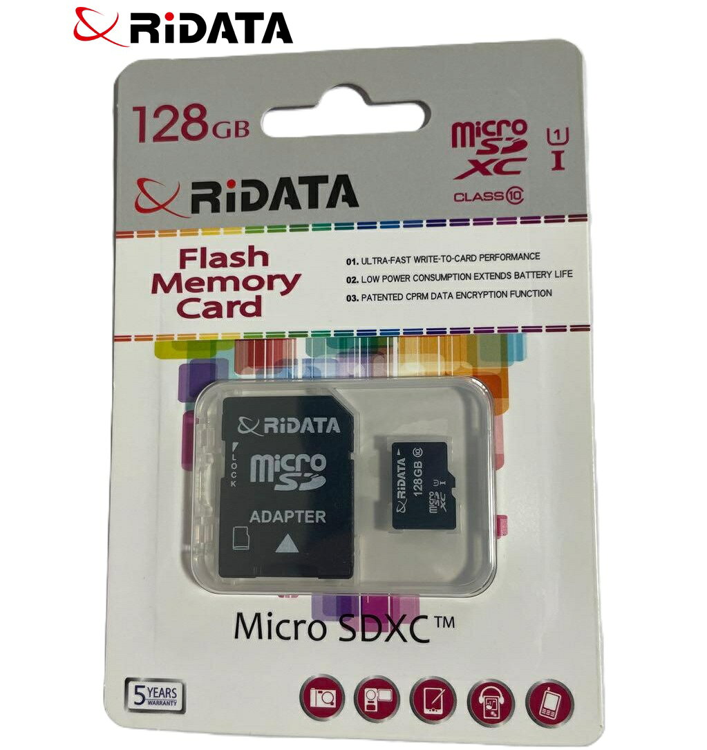 ●スマートフォン／タブレット／アクションカメラの高速記録・再生に最適なmicroSDXC UHS-I対応メモリーカード ●フルHD動画にも最適な CLASS10に対応しています。スマートフォンやタブレットなどのモバイル端末だけでなく、デジタルカメラなどのmicroSD対応機器でもお使いいただけます。 ●大容量128ギガバイトを実現し、高解像度動画やスチール写真の作業、撮影、共有に必要なメモリーが足りなくなることはありません。すべての高解像度ビデオや写真、音楽、ムービー、その他のファイルを撮影、保存、共有に必要なメモリーが足りなくなることを心配することなく、フルHDビデオを楽しむことができます。 ●ファイルシステムexFATに対応した、microSDXC対応機器でご使用ください。 ●速書き込み速度により、写真やビデオをカードに転送する待ち時間が短縮されるため、次のシャッターチャンスに備えたり、スムーズなビデオ再生を楽しめます。 ●便利なSDアダプターが付属しており、SDカードスロットを持つ機器でデータ保存やアクセスが可能です。SD対応のカメラ、ビデオカメラ、タブレット、ノートPCでご利用いただけます。 ●書込みを禁止してデータを守る「誤消去防止スイッチ」 本商品付属の変換アダプターの左側面についている「誤消去防止スイッチ」を“Lock”に切り替えることで、内部のデータの変更ができなくなります。データを削除したり上書き保存ができないようになりますので、大切なデータが入っている場合に便利です。 スペック詳細 ●容量：128GB フルHD動画記録：約20時間 1,800万画素写真：約19,200枚 ●ファイルシステム： exFAT ●種類：microSDXC ●SDスピードクラス：Class10 ●バスインターフェーススピード：UHS-I ●動作温度 -25℃～85℃ ●保存温度 -40℃～85℃ ●電源電圧：2.7～3.6V ●外形寸法：W11×D15×H1(mm) ●付属品：SDメモリーカード変換アダプタ ●IPX7準拠 防水仕様。 ●著作権保護機能対応。 ●ブランド：HIDISC（ハイディスク） ●メーカー名：RiDATA ●商品型番：WRIMSX128GC10U1 ●商品JAN:4719303967403