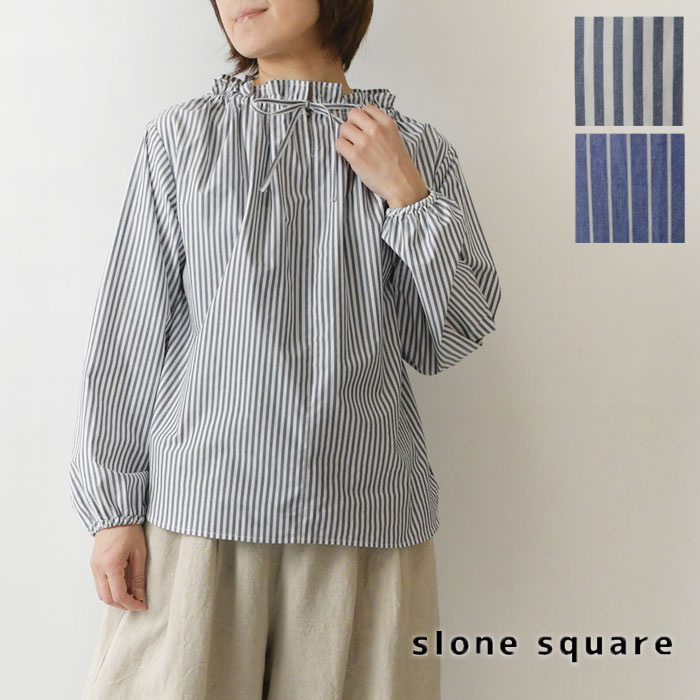 樂天商城 - ＊【10%OFFクーポン対象商品】【slone square スロンスクエア】コットン ストライプ 衿ぐり 紐 リボン 通し ブラウス (68021)レディース 春 夏 ゆったり シャツ 長袖 ナチュラル 服 新作 シンプル おしゃれ コーディネート 人気 30代 40代 50代 60代