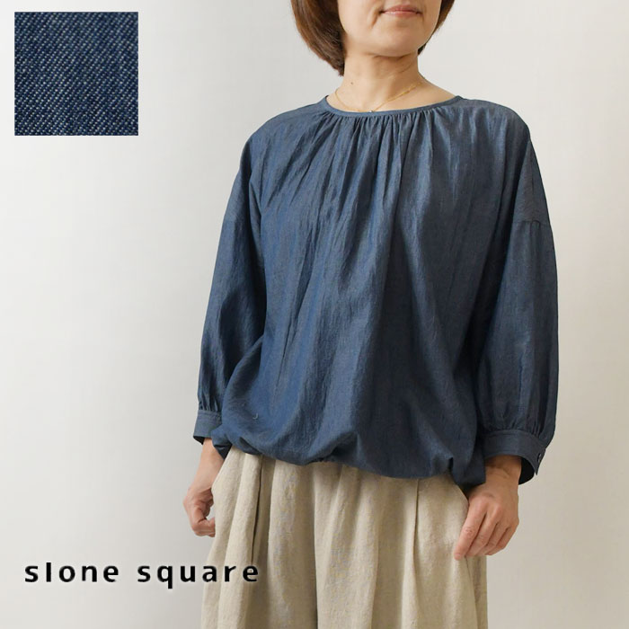 Long-Sleeved - ＊【最大3000円OFFクーポン】【slone square スロンスクエア】コットン シアー デニム 裾 紐通し ギャザー ブラウス (68028)レディース 春 夏 ゆったり 体型カバー シャツ バルーン ナチュラル 服 新作 シンプル おしゃれ コーディネート 人気 60代 50代 40代 30代