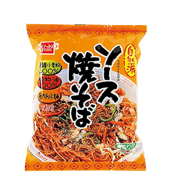 健康フーズ ソース焼きそばは、麺の揚油は100％植物油。 国産小麦粉・無かん水麺を使用しています。 添付のふりかけの香りとソースの風味が絶妙です。 ■商品名：焼きそば インスタント 袋 健康フーズ 自然派 ソース焼きそば 120g 国産小麦粉 無かん水麺 植物油 揚げ麺 ■内容量：120g （めん90g） ■原材料名：油揚げめん［小麦粉（国内製造）、植物油脂、小麦たん白、食塩］ソース［野菜・果実（りんご、トマト、玉葱、にんにく、生姜）、糖類（砂糖、ぶどう糖果糖液糖）、醸造酢、食塩、コーンスターチ、香辛料、酵母エキス、かつおエキス、昆布エキス、本みりん］ふりかけ［あおさ、乾燥紅生姜］／卵殻カルシウム、酸化防止剤（ビタミンE） ■栄養成分表示（1食当たり）： エネルギー：457kcal たんぱく質：10.3g 脂 質：16.5g 炭水化物：66.9g 食塩相当量：2.8g (麺)：0.7g (スープ)：2.1g ■アレルゲン：小麦 ■メーカー或いは販売者：健康フーズ株式会社 ■賞味期限：180日 ■保存方法：高温多湿を避け、冷暗所に保存 ■区分：食品 ■製造国：日本【免責事項】 ※記載の賞味期限は製造日からの日数です。実際の期日についてはお問い合わせください。 ※自社サイトと在庫を共有しているためタイミングによっては欠品、お取り寄せ、キャンセルとなる場合がございます。 ※商品リニューアル等により、パッケージや商品内容がお届け商品と一部異なる場合がございます。 ※メール便はポスト投函です。代引きはご利用できません。厚み制限（3cm以下）があるため簡易包装となります。 外装ダメージについては免責とさせていただきます。